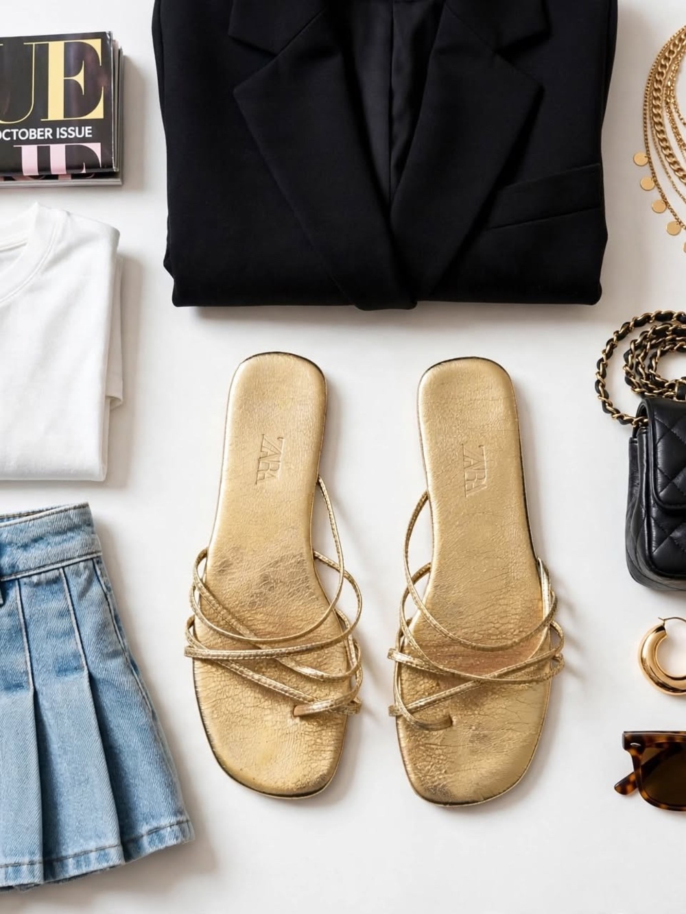 ZARA Metallic Gold Multi-Strap Slide Sandals